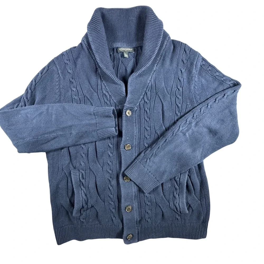Banana Republic Cardigan Men Large Blue Excellent Cable Knit Shawl Collar 980792